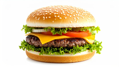 Delicious hamburger with cheese, tomato, onion and lettuce on white background, studio shot