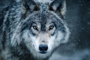 Fototapeta premium Gray wolf, staring, snow, winter, night.