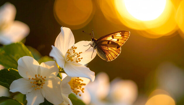 Butterfly on white flower in sunshine, peaceful nature background with floral bloom and insect in bright sunlight. - Powered by Adobe