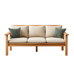 Modern Wooden Sofa with Cream Cushions and Decorative Pillows for Stylish Living Room Interior