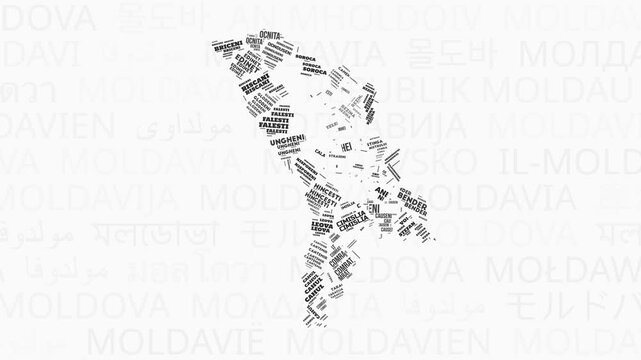 Moldova intro animation. Country with regions illustration video. Background with country names in various languages. Regions of Moldova animation. Amazing video.