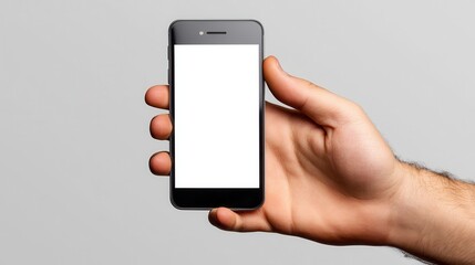 Man's Hand Holding Smartphone with Blank White Screen Against Grey Background