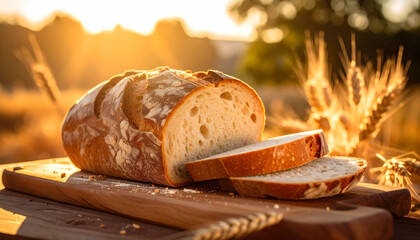 Freshly baked bread loaf with wheat stalks, sliced on wooden board in golden light