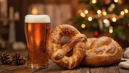 Festive Oktoberfest celebration with beer glass, Bavarian pretzel on wooden table. Rustic cozy evening atmosphere. Delicious snacks, beverage for family friends gatherings. Focus on taste, fun.