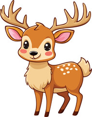A cheerful cartoon deer with large eyes and impressive antlers, smiling.