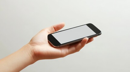 Person Holding Black Smartphone with Blank Screen Against White Background