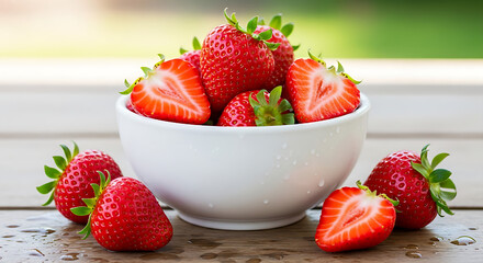 A bowl of fresh strawberries on a wooden surface outside