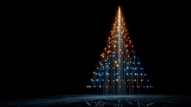 Futuristic Digital Christmas Tree Glowing Orange Light, Modern Technology Festive Abstract Joyful