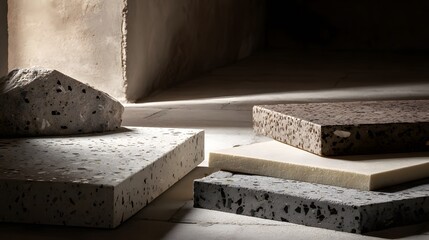 Mineral-Stained Concrete Background with Terrazzo-Inspired Fragments, Architectural Section Minimalist Design