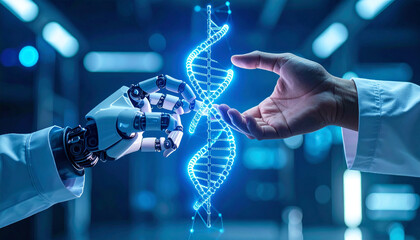 Artificial intelligence and human collaboration in genetic engineering represented by robotic hand and human hand