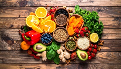Colorful assortment of fresh produce and healthy foods