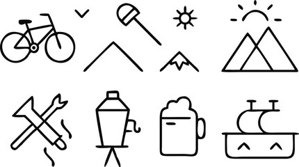 Collection of simple line art icons for travel and outdoor activities Keywords: bicycle, bike