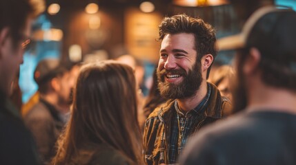 Fototapeta premium Happy Group Engaged in Friendly Conversation Inside Cozy Venue with Soft Golden Lights