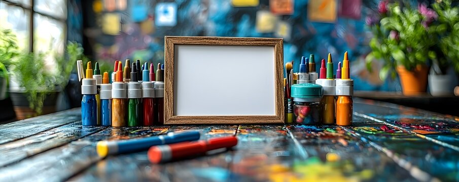 Colorful art supplies and a blank card on a wooden surface