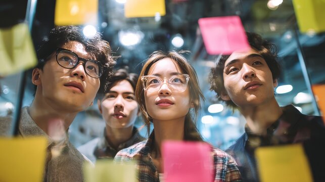 Focused Group of Colleagues Analyzing Concepts on Transparent Planning Board During Collaborative Session
