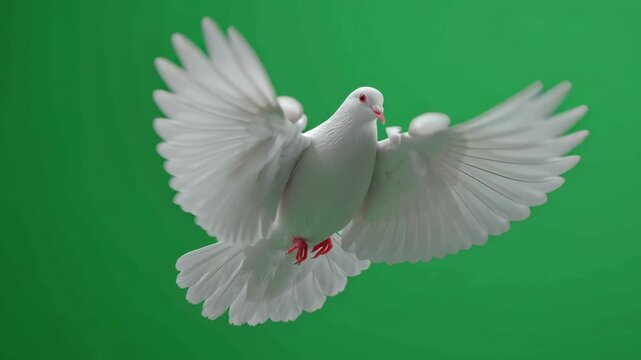 White dove flying with open wings on green screen background, perfect for chroma key projects, video editing, peace concepts, and creative stock footage use on Adobe Stock.