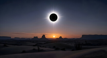 Total Solar Eclipse over Desert Landscape