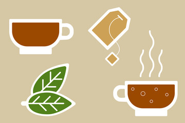 Tea cup, leaf and tea bag. Stickers pack on a beige  background. Vector illustration, icons in flat style.