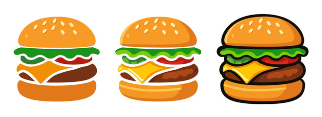 Colorful burger icons with playful shading and clean outlines for food-themed designs. Tasty hamburger set with vibrant ingredients, ideal for menus, apps, or food branding.