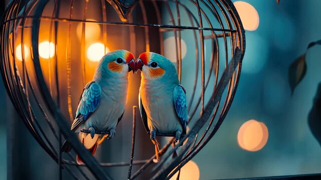 Charming Lovebirds in a Heart-Shaped Cage: A Valentine's Day Romance and Sweet Companionship