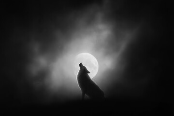 Gray wolf howling with head raised on full moon night