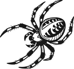 Detailed spider hanging from a thread legs spread silhouette banner advertisement