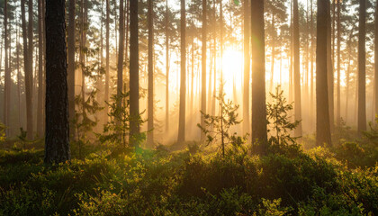 Obraz premium Sunlight shining through tall trees in forest. Landscape with bright sun and green plants