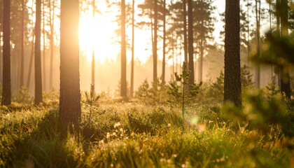 Obraz premium Golden hour in a pine forest, creating a mystical, serene, magical, tranquil, and peaceful scene