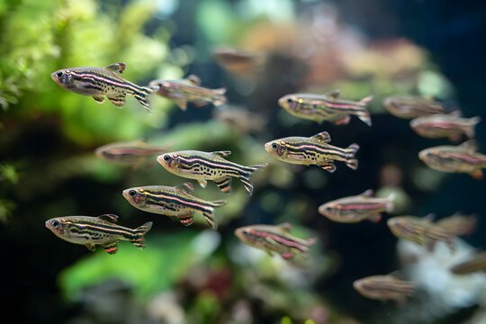 A school of small zebra danios swimming in harmony inside a freshwater tank