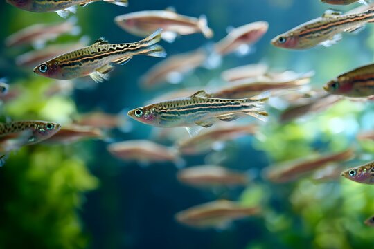 A school of small zebra danios swimming in harmony inside a freshwater tank