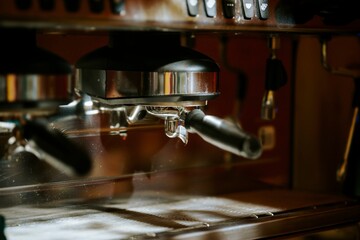 An espresso machine brews coffee in a cafe. Liquid drips slowly from the portafilter, catching the light. An inviting scene, inviting you for a warm beverage