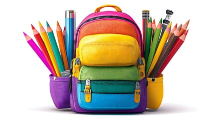 Backpack and pencils stand ready for school. Represents education, knowledge, creativity. Useful for design, marketing, and web use.