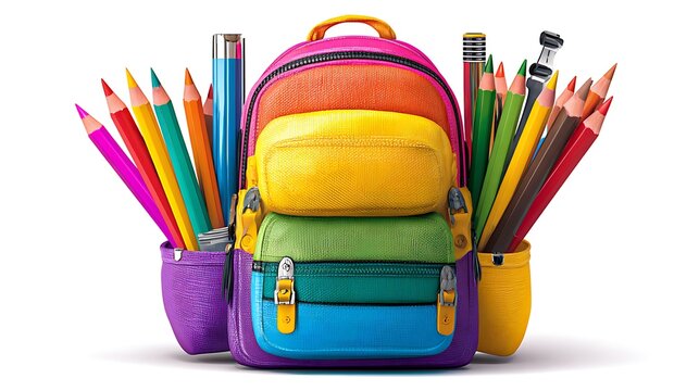 Backpack and pencils stand ready for school. Represents education, knowledge, creativity. Useful for design, marketing, and web use.