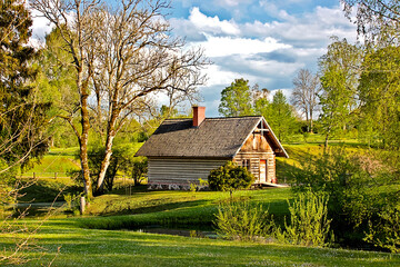 Obraz premium A small wooden house surrounded by nature