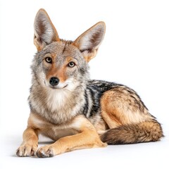 Fototapeta premium A serene coyote portrait. The coyote is lying down, looking straight ahead, showing the animal's calm and curious nature