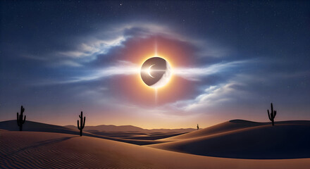 Desert Landscape with Lunar Eclipse and Cactus Silhouettes