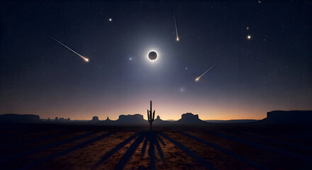 Desert Night Sky with Solar Eclipse and Meteors