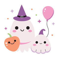 Cute Halloween Ghosts with Pumpkin and Balloon Wearing Witch Hats Vector Illustration for Holiday Designs and Decorations