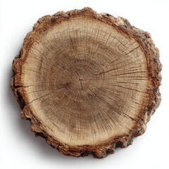 Fototapeta premium A detailed top-down view of a tree trunk slice showcasing concentric rings. The rough bark edges frame the smooth interior, providing a glimpse into the tree's life history. 