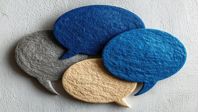 Four overlapping speech bubbles in muted colors (blue, gray, beige) on a light gray surface