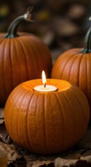 Pumpkin and a candle, removed top holding a candle, surrounded by autumn leaves, cozy warm autumn composition