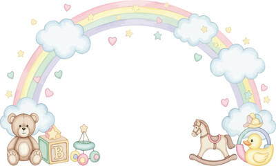Fototapeta premium A cheerful illustration featuring a rainbow arching over baby toys and soft clouds.