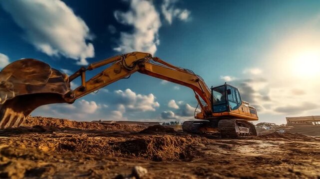 A construction site at sunset featuring an excavator digging into the earth, with clouds and a warm sun illuminating the scene, showcasing the machinery's power in action