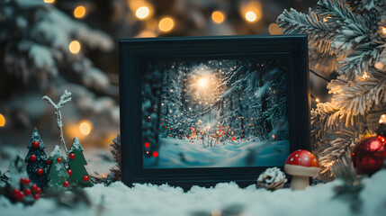 Framed winter forest scene with glowing lights, snow-covered trees, and festive decorations in a snowy outdoor setting