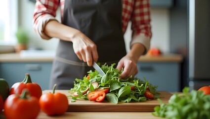Woman Preparing Fresh Salad in Kitchen
