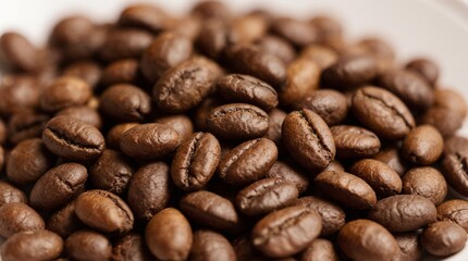 Obraz premium Close-up photo of roasted coffee beans with rich textures, natural oil sheen, and deep brown tones. Perfect for coffee packaging, branding, and cafe-related design projects.