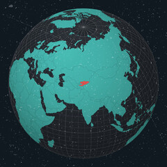 Kyrgyzstan on Globe. Vintage look with grunge scratched texture. Country view on world map in Dark Charcoal Turquoise color palette. Kyrgyzstan shape on map. Globe with meridians and parallels.