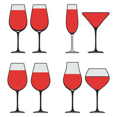 Variety of Wine and Cocktail Glasses with Red Liquid on White Background silhouette