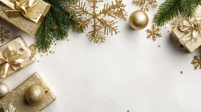 Elegant Gold Christmas Gift Boxes on White Marble Background