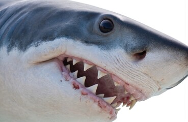 Naklejka premium Close-up of mouth with visible teeth and tongue. Top teeth slightly overlap bottom teeth, jaws open wide. Beige background highlights sharp teeth and pink tongue.